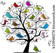 engraçado, árvore, com, cantando, pássaros, para, seu, desenho