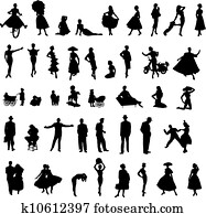 ensemble, de, retro, silhouettes, de, gens