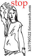 esboço, de, mulher, mostrando, seu, mão, em, sinal, de, stop., vetorial, ilustração