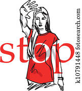 esboço, de, mulher, mostrando, seu, mão, em, sinal, de, stop., vetorial, ilustração