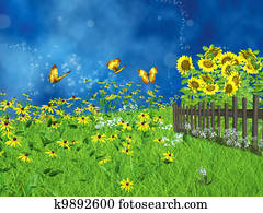 fairy tale lawn with sunflowers fairy tale lawn with sunflowers