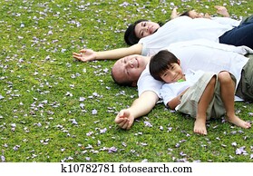 familia, acostado, en el parque