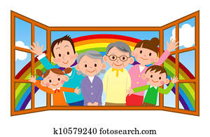 familia feliz, en, ventana abierta