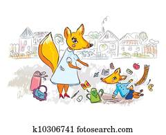 Family scene at the street with fox cartoon Family scene at the street with fox cartoon