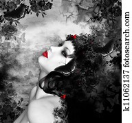 fantasia, mulher, com, borboletas