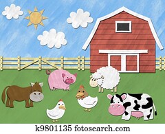 Farm animals stand in front of barnyard on sunny day Farm animals stand in front of barnyard on sunny day
