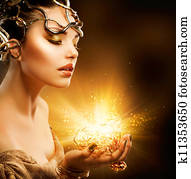 Fashion Girl Portrait. Golden Makeup