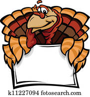 feliz, ação graças, feriado, peru, segurando, sinal, caricatura, vetorial, il