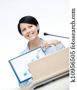 female, spreker, op, de, podium