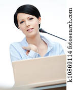 female, toespraak, maker, op, de, podium., handelsconferentie