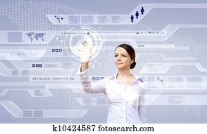 femme affaires, et, écran tactile, technologie