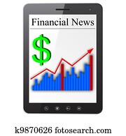 finanzielle nachrichten, auf, tablette, pc., freigestellt, auf, white., vektor, illustration.