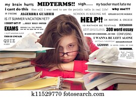 flicka, överväldigad, med, hemarbete