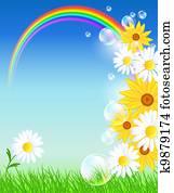 Flowers with green grass and rainbow