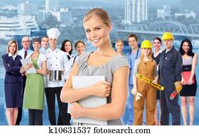 forretningskvinne, og, gruppe, av, industrielle, workers.