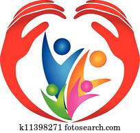 gezin, beschermd, door, handen, logo