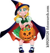 girl hold pumpkin with candys