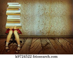Girl with books sitting on wood floor in old dark room. Grunge collage background Girl with books sitting on wood floor in old dark room. Grunge collage background