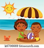 glücklich, sandstrand, baby glücklich, sandstrand, baby