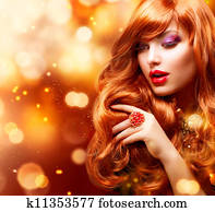 Golden Fashion Girl Portrait. Wavy Red Hair 