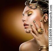Golden Makeup. Fashion Girl Portrait