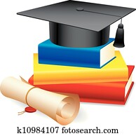 Graduation cap and books. Graduation cap and books.