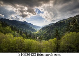 Great Smoky Mountains National Park Mortons Overlook Scenic Landscape Gatlinburg TN with spring greens and dramatic sky Great Smoky Mountains National Park Mortons Overlook Scenic Landscape Gatlinburg TN with spring greens and dramatic sky