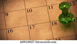 Green thumbtack onto a schedule made with recycled brown paper. Pushpin pointed on number 18. Appointment on a calendar, room for text on the left side of the memo Green thumbtack onto a schedule made with recycled brown paper. Pushpin pointed on number 18. Appointment on a calendar, room for text on the left side of the memo