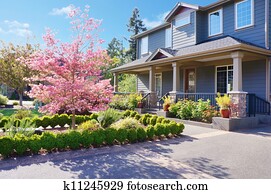 Grey large luxury house with spring blooming trees.
