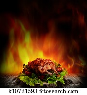 Grilled chicken over salad on the wooden desk Grilled chicken over salad on the wooden desk