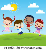 grupo, de, felicidade, crianças