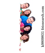 grupo, de, feliz, gente, con, banner.