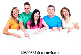 grupo, de, feliz, pessoas, com, banner.