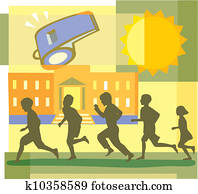 gyermekek út, izbogis, és, fütty, montázs