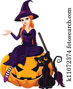 halloween hexe, auf, kürbis halloween hexe, auf, kürbis
