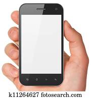Hand holding smartphone on white background. Generic mobile smart phone, 3d render. Hand holding smartphone on white background. Generic mobile smart phone, 3d render.