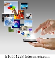 hand holds touch screen mobile phone streaming images