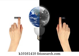 Hand press on and off button on landscape background for green eco concept