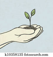Hands with green sprout and dirt heap. Hand-drawn vector illustration, EPS10. Hands with green sprout and dirt heap. Hand-drawn vector illustration, EPS10.