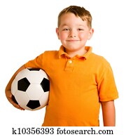 Happy child with soccer ball isolated on white