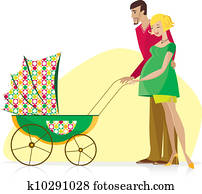 Happy Couple with Baby Stroller Happy Couple with Baby Stroller