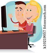 Happy Mom And Dad Working On Desktop Computer Happy Mom And Dad Working On Desktop Computer