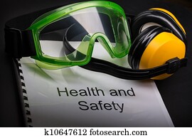 Health and safety register with goggles and earphones Health and safety register with goggles and earphones