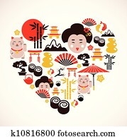 Heart shape with Japan icons Heart shape with Japan icons