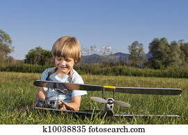 heureux, jeune garçon, et, sien, rc, avion