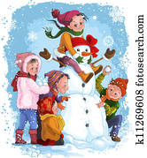 hiver, games., enfants, et, bonhomme de neige