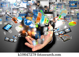 homem negócios, segurando, social, mídia