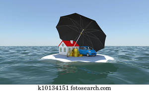 House, car and money covered with an umbrella on a white island in the water