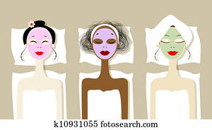 hübsch, frauen, mit, kosmetisch, maske, auf, gesichter, in, heilbad, salon hübsch, frauen, mit, kosmetisch, maske, auf, gesichter, in, heilbad, salon