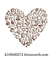 I love cooking! Kitchen utensils sketch, heart shape for your design I love cooking! Kitchen utensils sketch, heart shape for your design